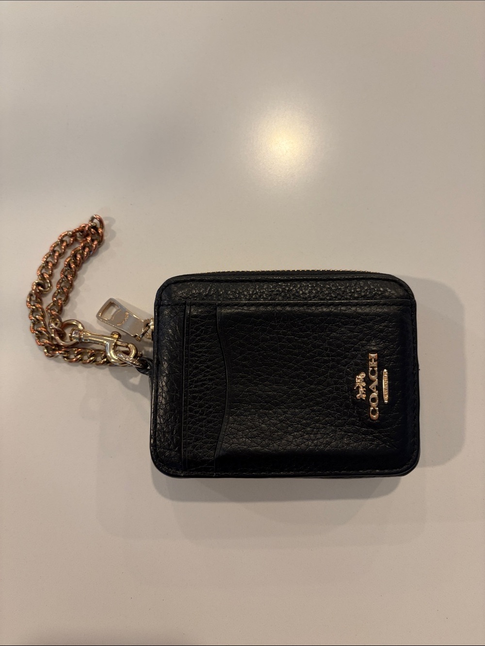 Coach Black Pebbled Leather Card Case with Gold Chain